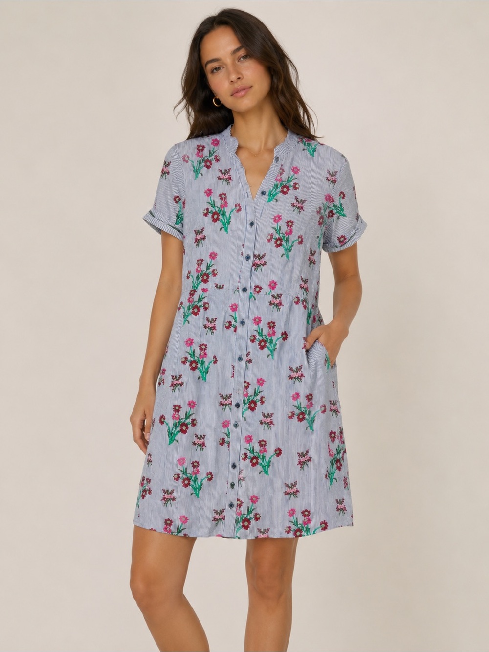 Anthropologie‎ Maeve Striped Button-Front Floral Shirt Dress - Blue & Pink